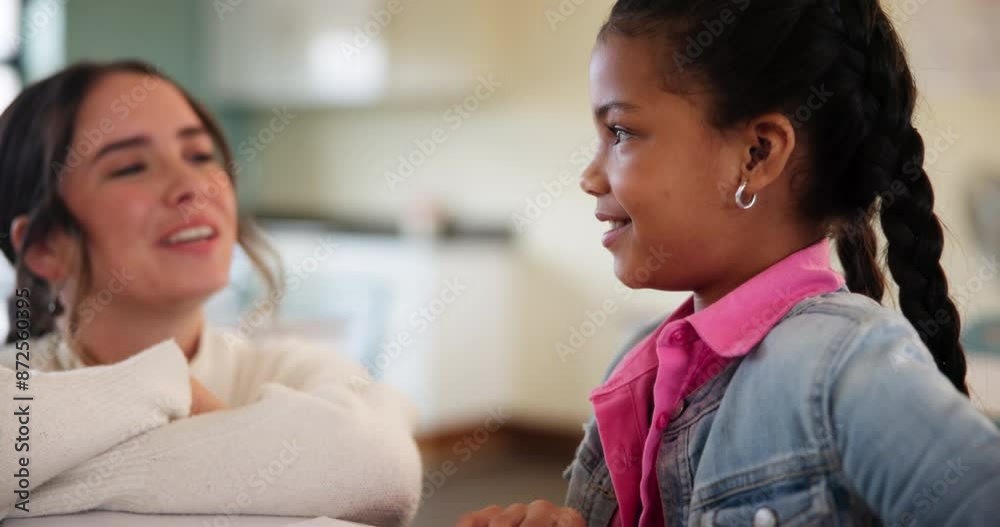 Student, teacher and girl in school, talking and asking of assignment for homework and woman. Classroom, happy and education for child, desk and chat for knowledge, learning and helping with project Student, teacher and girl in school, talking and asking of assignment for homework and woman. Classroom, happy and education for child, desk and chat for knowledge, learning and helping with project