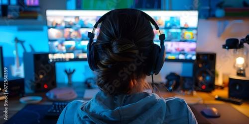 A person with headphones edits a podcast at a cluttered desk. Concept Podcast Editing, Headphones, Cluttered Desk, Audio Editing, Content Creation