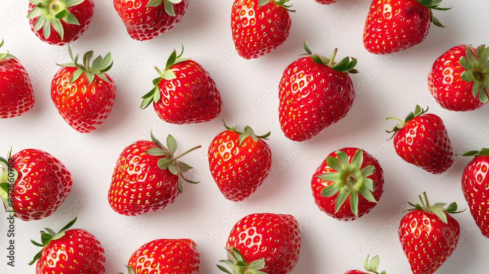 A collection of strawberries, arranged tightly together on a crisp white background. The strawberries are captured in high resolution (8k) with sharp focus, emphasizing their vibrant red hues and A collection of strawberries, arranged tightly together on a crisp white background. The strawberries are captured in high resolution (8k) with sharp focus, emphasizing their vibrant red hues and