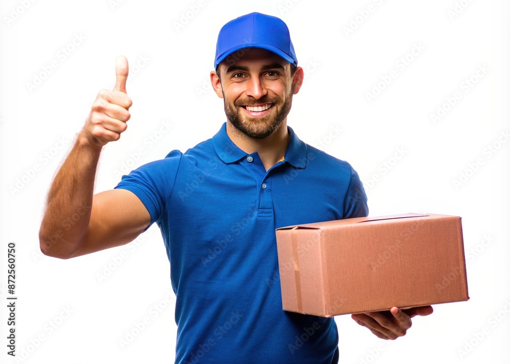 Front view delivery man holding a parcel box giving happy smiley gesture in a blue t-shirt and cap on a transparent background. Front view delivery man holding a parcel box giving happy smiley gesture in a blue t-shirt and cap on a transparent background.