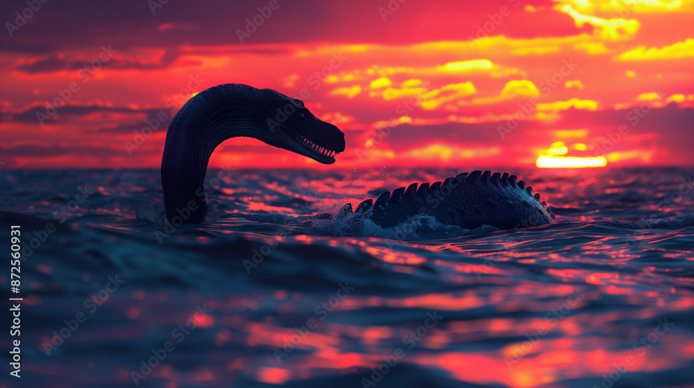 Fototapeta premium Twilight Titan: Sea Monster Rises from Ocean Depths at Sunset, Silhouetted by Dramatic Sky, Stirring Awe and Thrill