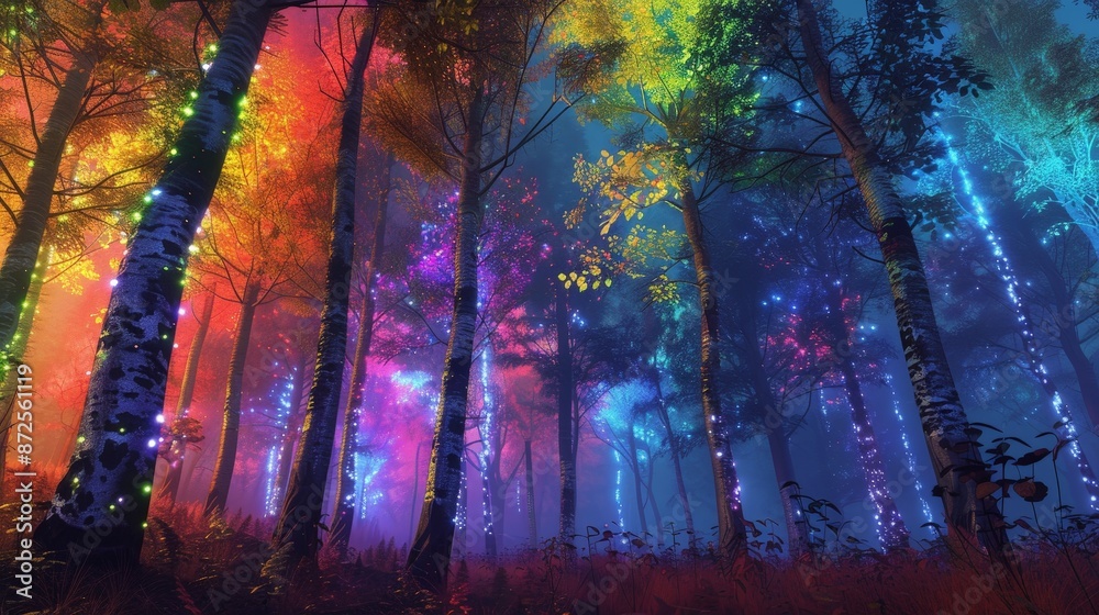 Obraz premium Create a surreal, psychedelic forest with trees that have glowing, multicolored bark and leaves that change colors with the breeze.