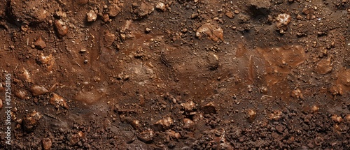 Panoramic close-up, high detail scan of moist dirt material, Generative AI