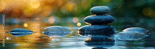 Stacked Stones in Calm Water at Sunset