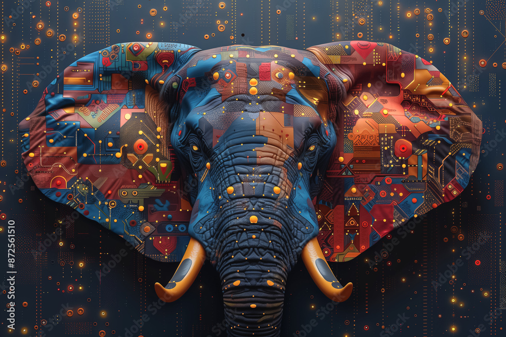 Obraz premium Vivid Digital Elephant with Futuristic Tech Colors and Patterns 
