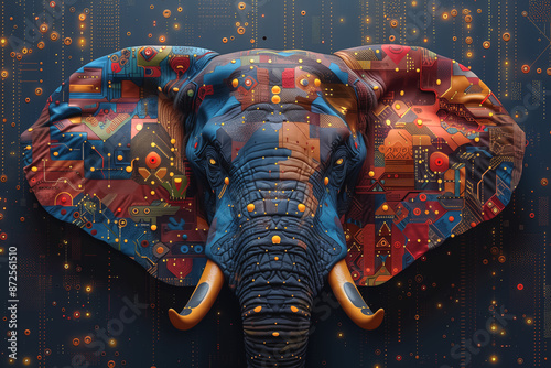 Vivid Digital Elephant with Futuristic Tech Colors and Patterns
 photo