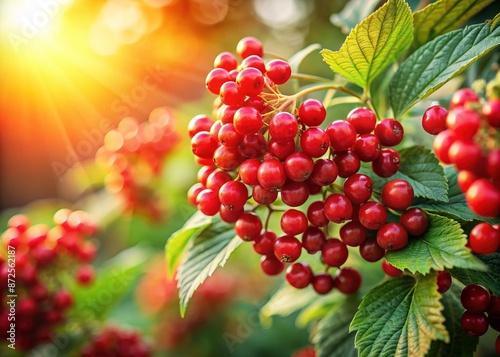 Vibrant red berries cluster on a lush green stem, surrounded by delicate leaves, against a soft focus blurred bokeh nature background with warm sunlight filtering through. photo