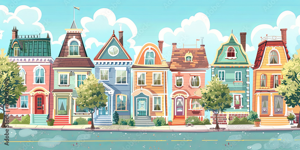 Fototapeta premium colorful cartoon illustration of a row of houses, generative AI