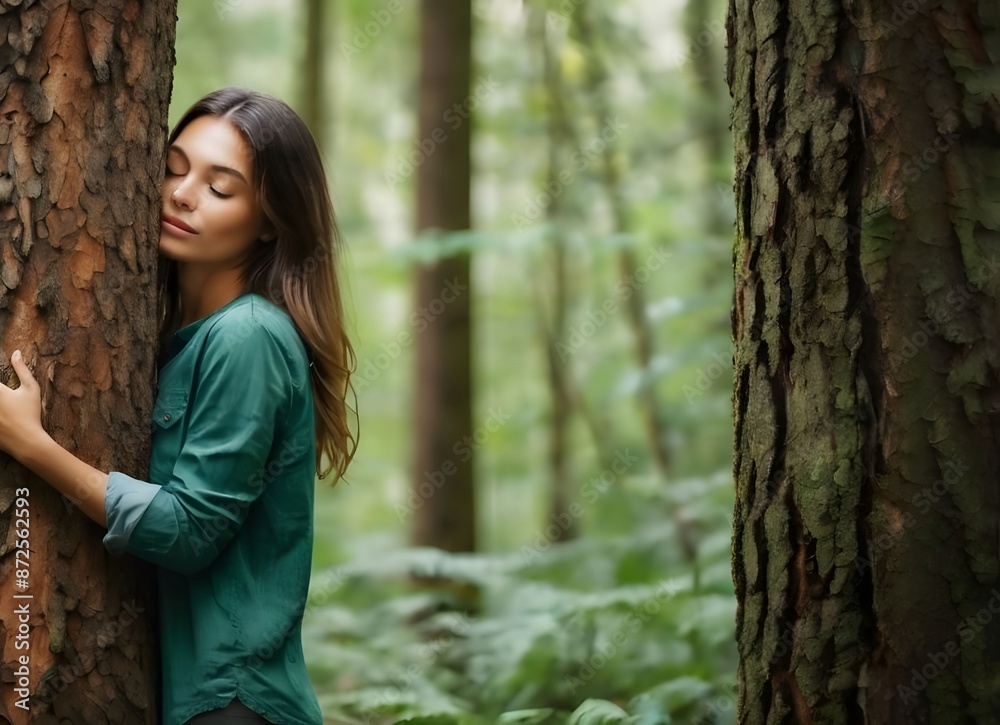 Beautiful woman closing her eyes while touching or hugging the tree in the green forest, concept of FOREST BATHING, practice relaxation by spending time in forest to connect with nature Beautiful woman closing her eyes while touching or hugging the tree in the green forest, concept of FOREST BATHING, practice relaxation by spending time in forest to connect with nature