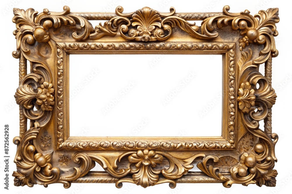 Intricately ornate antique carved gilded frame with subtle wear on transparent background, showcasing exquisite craftsmanship and opulent detail in stunning golden hues. Intricately ornate antique carved gilded frame with subtle wear on transparent background, showcasing exquisite craftsmanship and opulent detail in stunning golden hues.