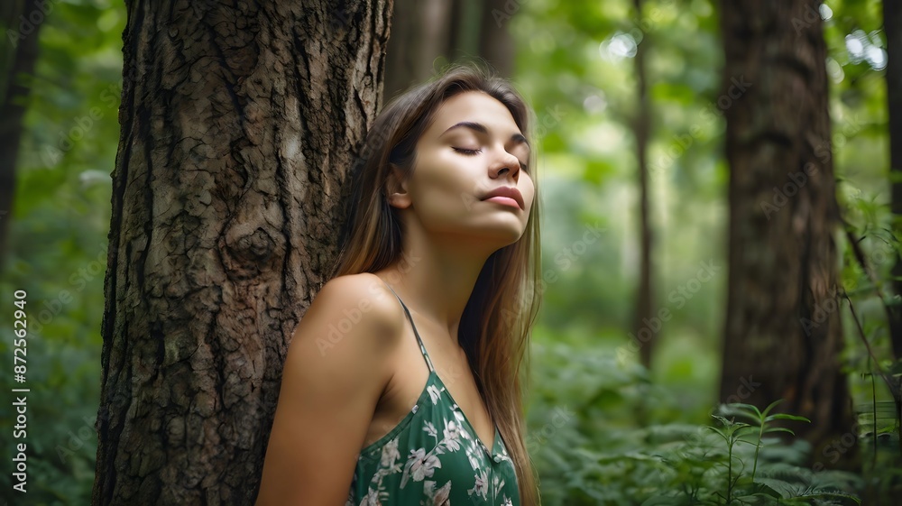 Beautiful woman closing her eyes while touching or hugging the tree in the green forest, concept of FOREST BATHING, practice relaxation by spending time in forest to connect with nature Beautiful woman closing her eyes while touching or hugging the tree in the green forest, concept of FOREST BATHING, practice relaxation by spending time in forest to connect with nature