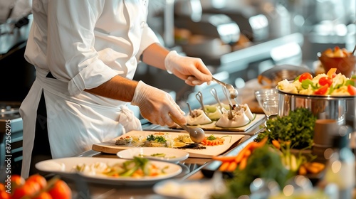 A chef skillfully plating dishes in a professional kitchen environment.
