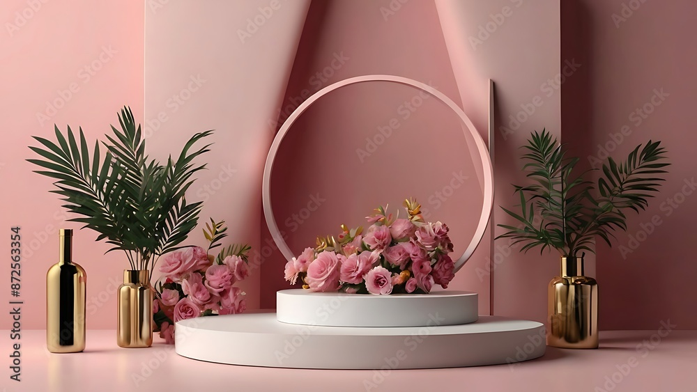 Abstract 3d flowers with round pink podium Abstract 3d flowers with round pink podium
