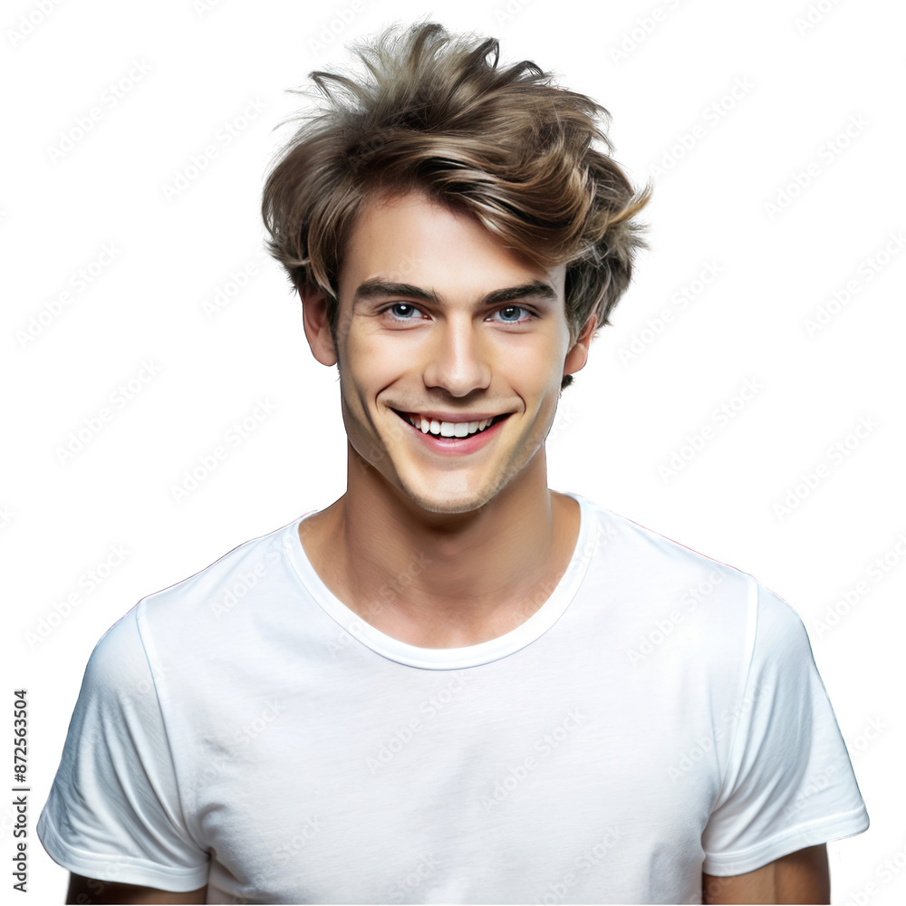 A young man tousled hair and a charming smile wearing white t-shirt on transparent A young man tousled hair and a charming smile wearing white t-shirt on transparent