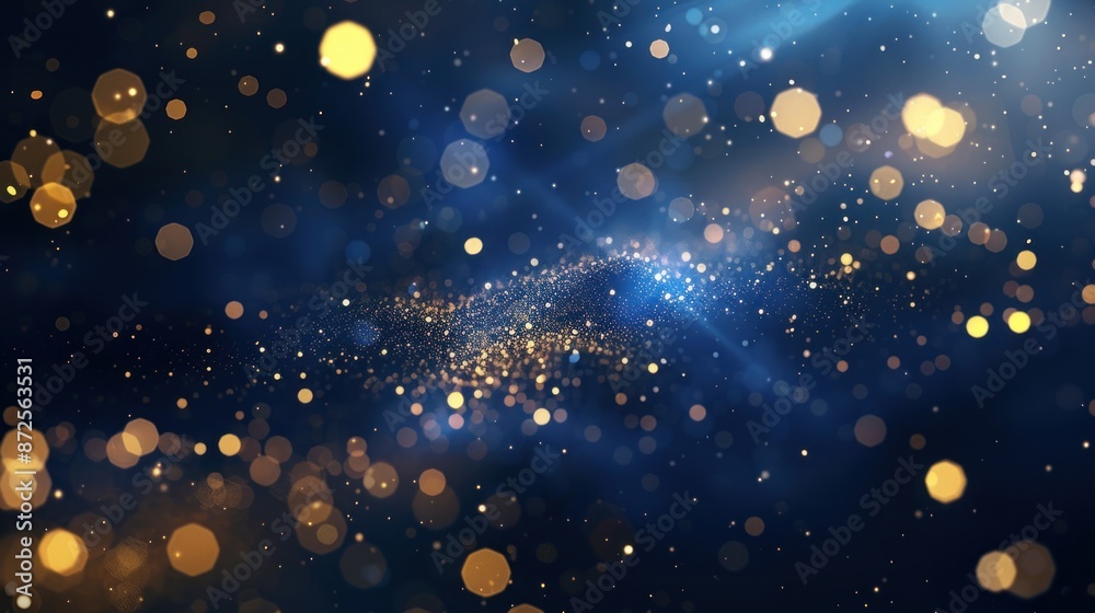 Obraz premium Abstract background with golden bokeh lights and blue nebula, perfect for holiday, festive, or celebratory designs.