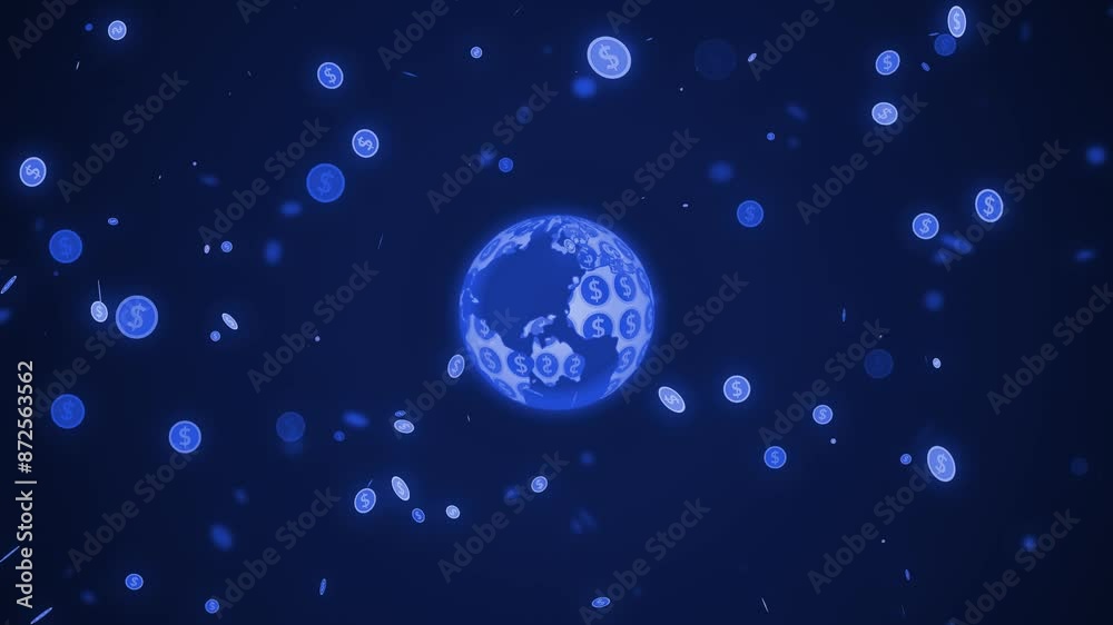 Dollar coin particle falling planet earth animation blue Dollar coin particle falling planet earth animation blue