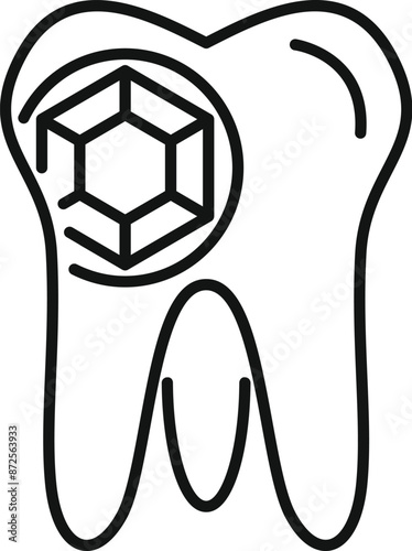 Line art style icon of a tooth with a nano bot inside, representing the concept of nanotechnology in dentistry