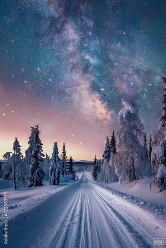 Enchanting Winter Night in Lapland: A Serene Road Leading to the Horizon Under a Starry Milky Way Sky and Snow-Covered Forest © Yi