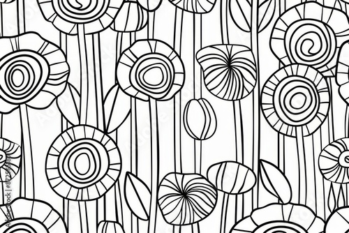 A digital illustration of stylized flowers and leaves outlined in black and set against a white background. The design has an abstract and minimalist aesthetic