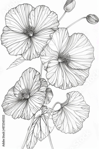 A graceful arrangement of flowers and leaves, rendered in a precise and elegant line drawing style