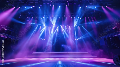 A stage with vibrant blue and purple lighting effects