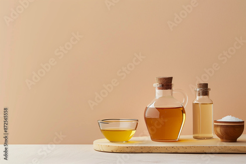 Minimalist display of Dijon mustard, honey, apple cider vinegar, olive oil, and salt on a clean, soft-toned background