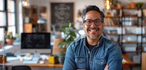 Smiling Man Wearing Glasses in a Modern Office Setting