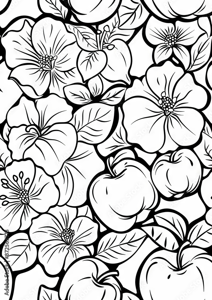 Fototapeta premium A black and white illustration of apples and flowers, intermingling in a captivating, intricate pattern