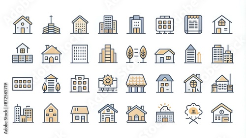 Vector graphic set. Icons in flat, contour, thin and linear design.Real estate.Simple isolated icon on white background.Concept illustration for Web site, app.Sign, symbol, emblem.