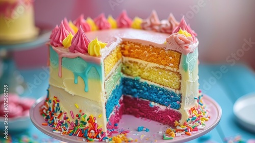 Rainbow Cake with Sprinkles on a Pink Stand