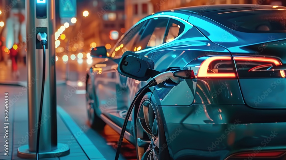 Power supply connected to electric vehicle charge battery. EV charging station for electric car or Plug-in hybrid car. Automotive innovation and technology concepts