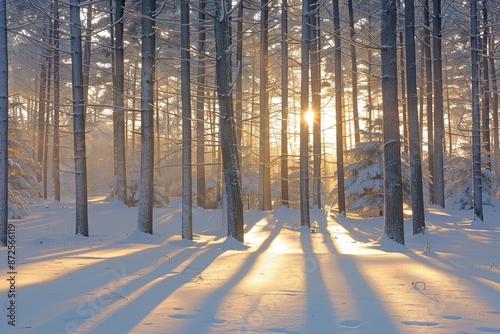 Serene Winter Sunrise in Forest: Snow-Covered Trees Cast Long Shadows as the Sun Rises, Creating a Tranquil and Beautiful Atmosphere