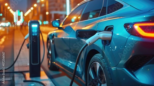 Power supply connected to electric vehicle charge battery. EV charging station for electric car or Plug-in hybrid car. Automotive innovation and technology concepts