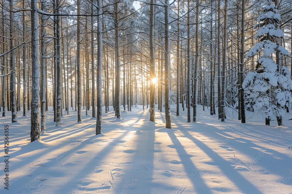 Serene Winter Sunrise in Forest: Snow-Covered Trees Cast Long Shadows as the Sun Rises, Creating a Tranquil and Beautiful Atmosphere Serene Winter Sunrise in Forest: Snow-Covered Trees Cast Long Shadows as the Sun Rises, Creating a Tranquil and Beautiful Atmosphere
