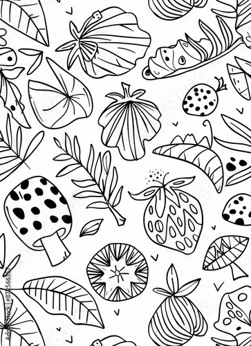 A repeating pattern of various tropical plants and fruits, including leaves, mushrooms, strawberries, and other abstract shapes, is depicted in a black and white line art style