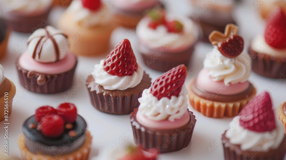 Close-Up of Assorted Mini Cupcakes with Red Berries and Whipped Cream Close-Up of Assorted Mini Cupcakes with Red Berries and Whipped Cream
