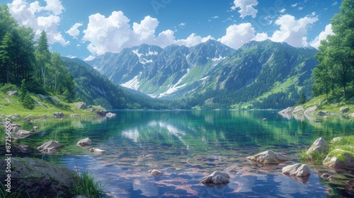 Beautiful summer scene a mountain lake, surrounded by vibrant green forests and majestic peaks. Illustration landscape