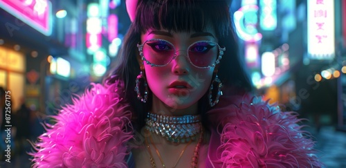 Woman With Pink Fur Coat Posing in a Neon-Lit City Street