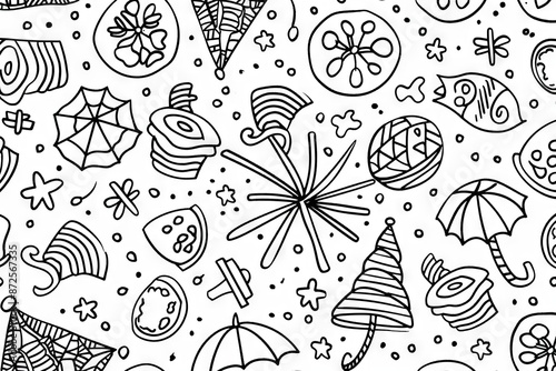 A black and white hand-drawn pattern featuring a variety of shapes, including umbrellas, stars, and abstract geometric designs