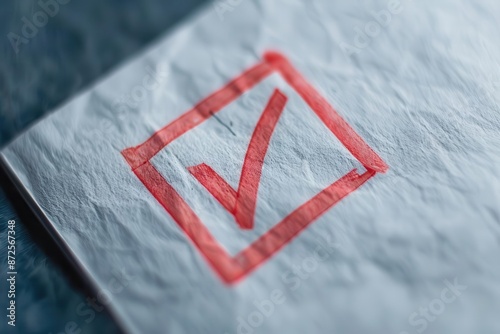 Check mark in a square, document edge visible, macro shot, check mark document, confirmation sign