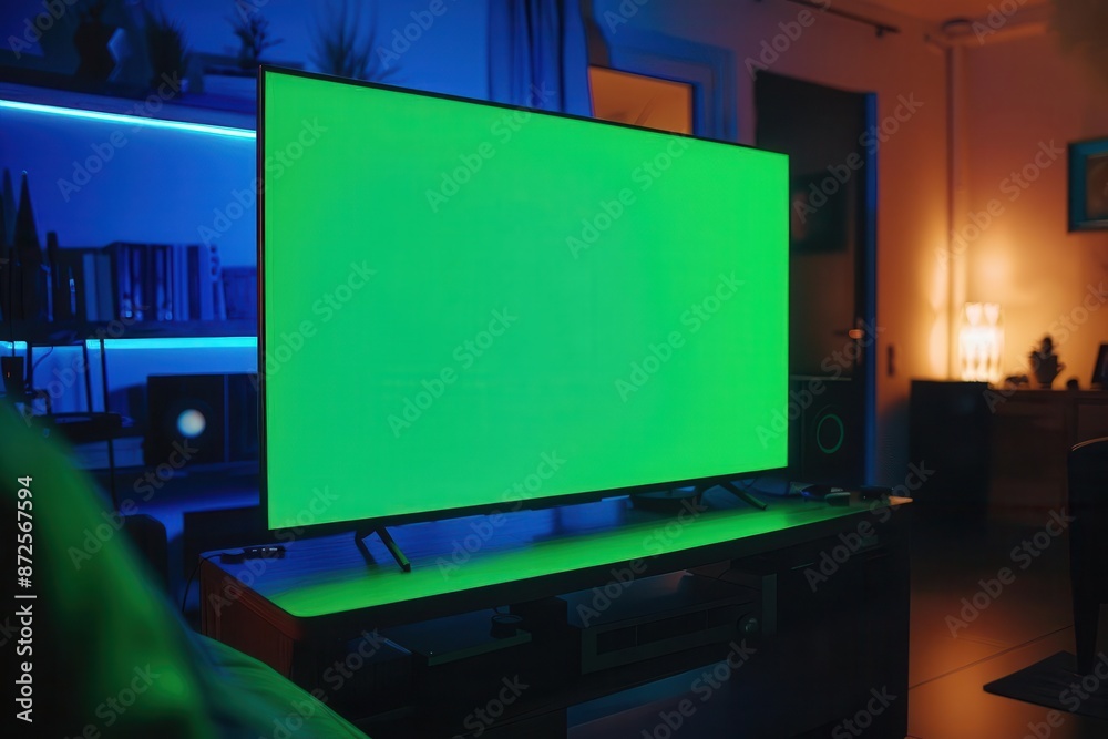 Massive TV with a vibrant green screen, dark room, green screen huge TV, digital presentation Massive TV with a vibrant green screen, dark room, green screen huge TV, digital presentation