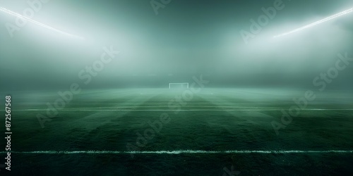 The unpleasant smelly atmosphere of dark toxic fog on green stadium field. Concept Stadium Field, Toxic Fog, Unpleasant Atmosphere, Dark Green, Smelly photo