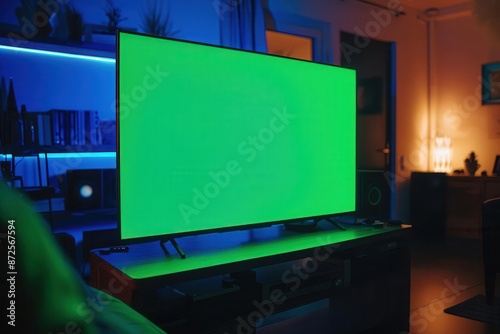 Massive TV with a vibrant green screen, dark room, green screen huge TV, digital presentation