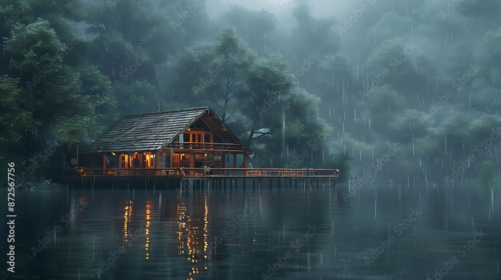 Fototapeta premium Tranquil Lakeside Cabin Nestled in Misty Woods