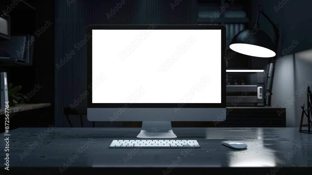 Mockup is a stylish modern computer monitor in a dark office. A computer monitor with a white screen stands on a table in a dark room with a keyboard and mouse Mockup is a stylish modern computer monitor in a dark office. A computer monitor with a white screen stands on a table in a dark room with a keyboard and mouse