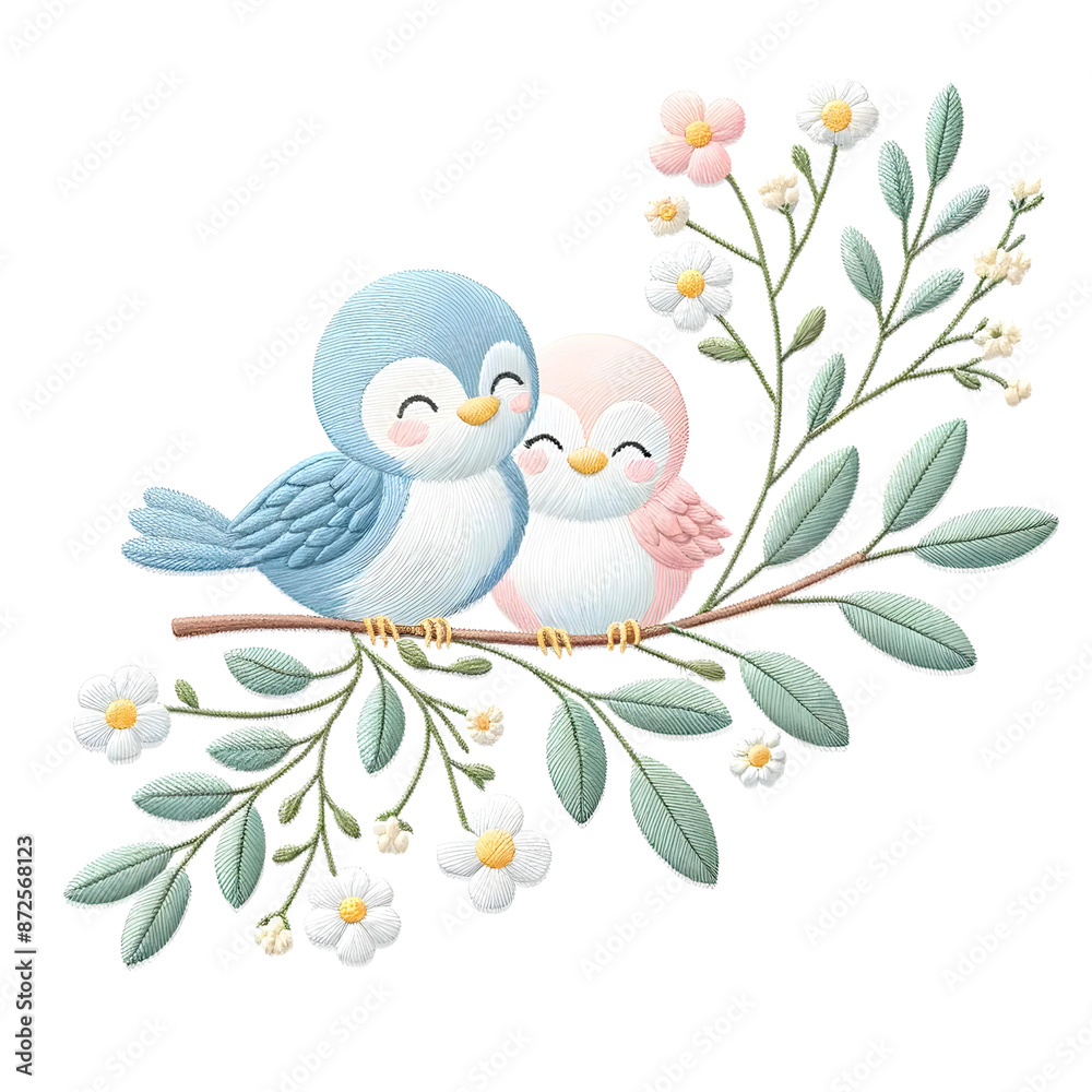 Obraz premium 3d birds on branch embroidery pattern