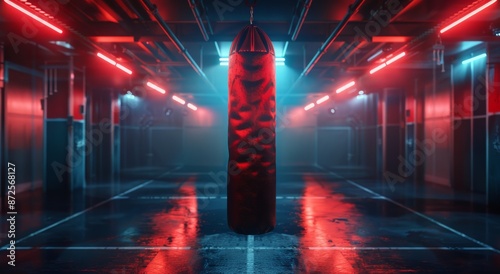 Red Boxing Bag Hanging In A Dark And Moody Industrial Gym