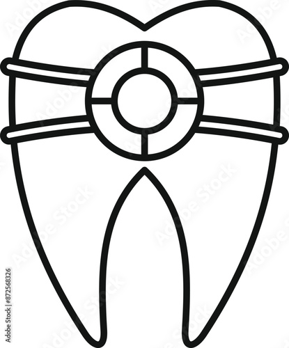 Black and white line drawing representing a tooth with braces being repaired, evoking dental care and orthodontics