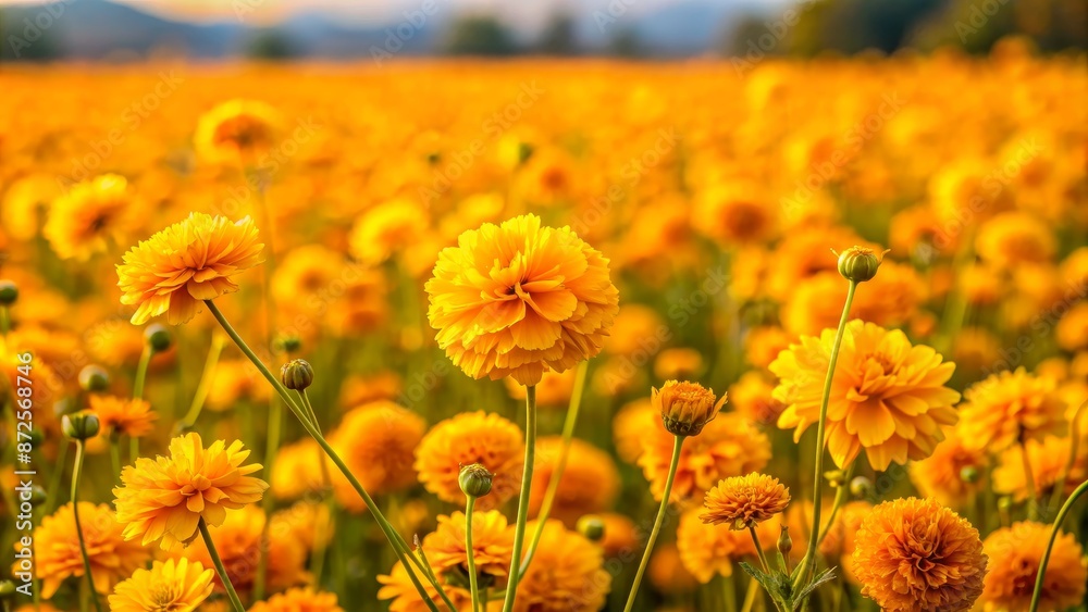 Yellow Cosmos Flowers Field in Summer Sunset, Macro Photography Yellow Cosmos Flowers Field in Summer Sunset, Macro Photography