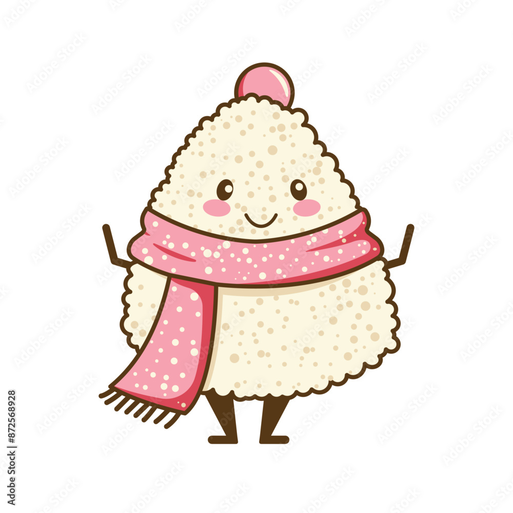 Cute Onigiri Rice Japanese Food Cartoon Character Wearing Pink Shawl with Smile Expression Cute Onigiri Rice Japanese Food Cartoon Character Wearing Pink Shawl with Smile Expression